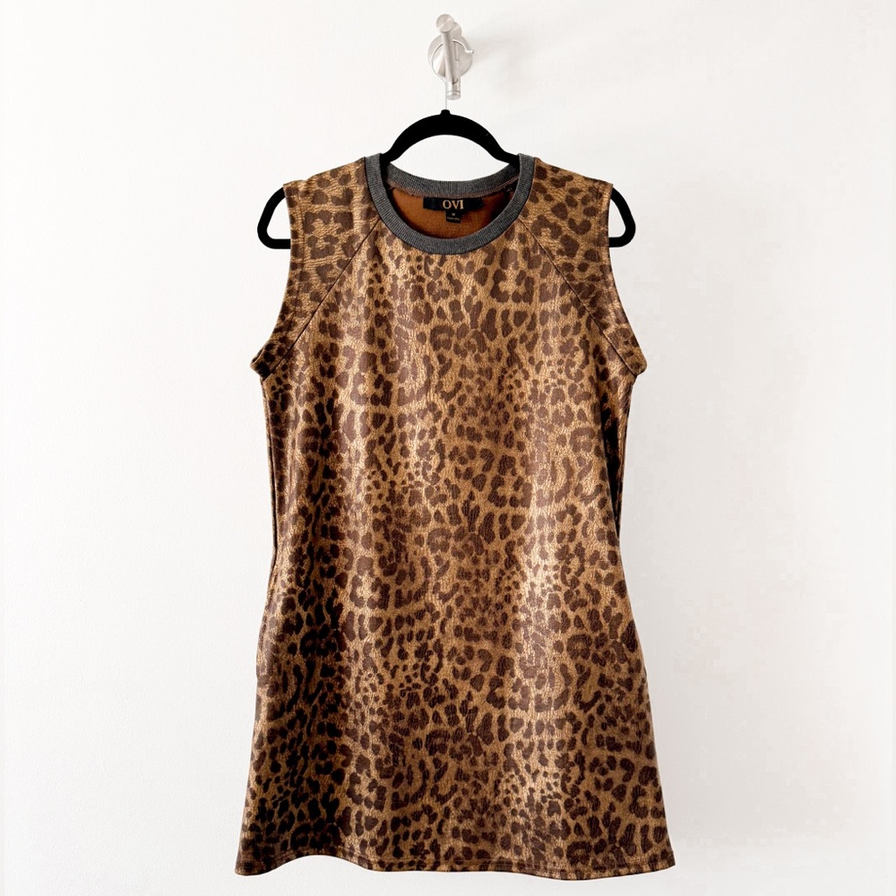 Ovi Animal Print‎ Sleeveless Spring Summer Casual Chic Mini Dress Metallic Brown